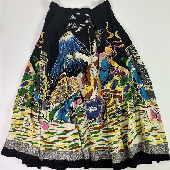 Ishyu Graphic Aztec Mayan Flared Flowy Maxi Skirt Sequins Volcano Women's Small - Picture 1 of 12